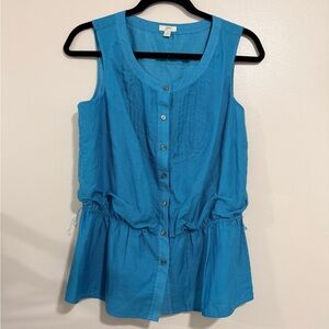 J Jill Blue Sleeveless Blouse Cotton Silk Blend Lightweight Summer Resort Peplum